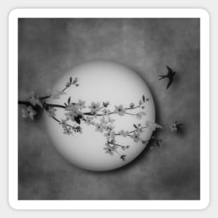 Cherry Blossom Moon In Black and White Sticker